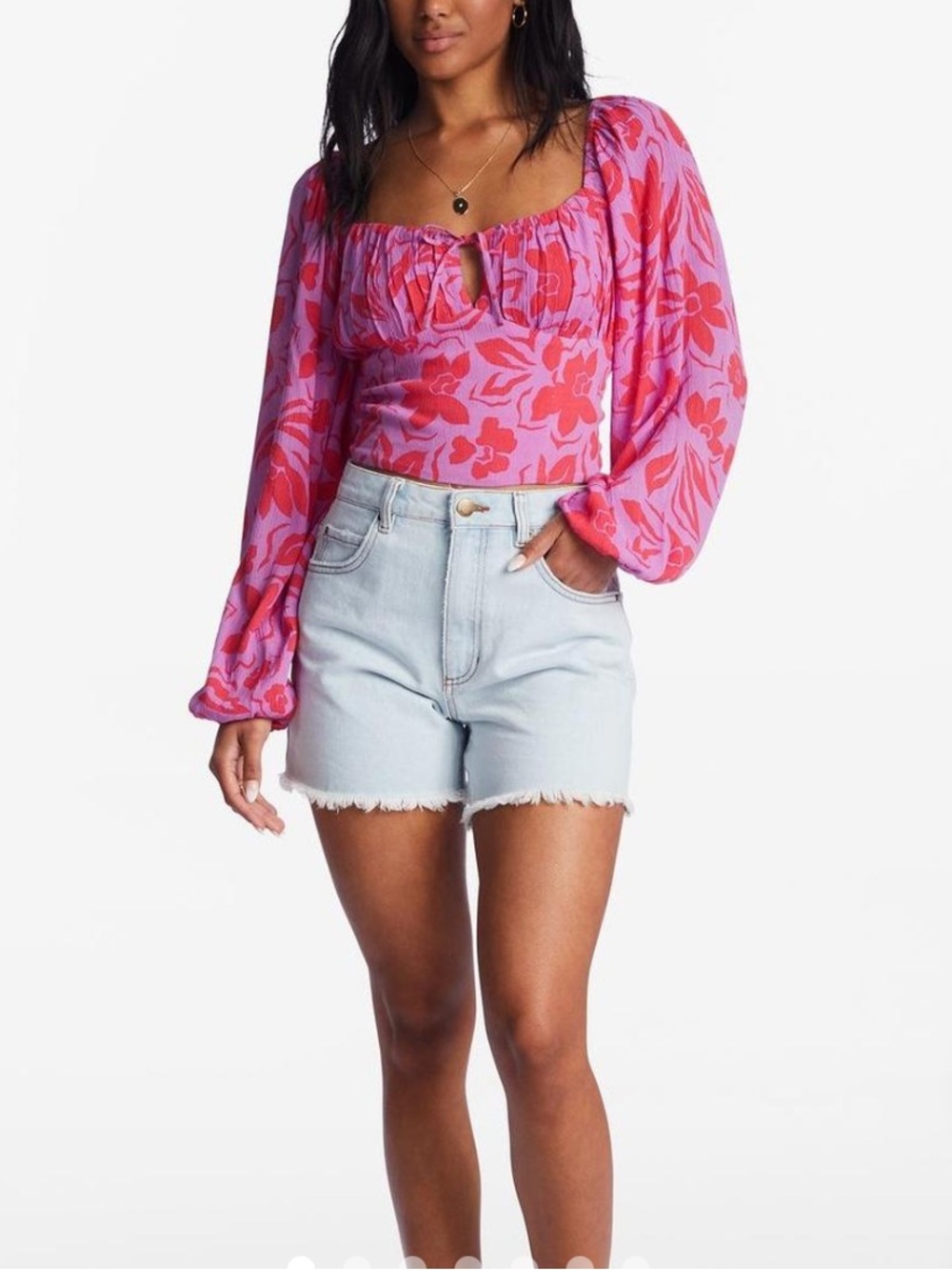 Billabong Pink and Red Floral Long-Sleeve Crop Top